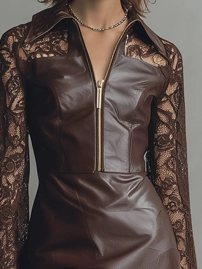 PU-Lederkleider für Damen Elegant Braun Hemdkragen Half-Zip Spitze Langarm PU-Leder Minikleid Vintage Slim Fit Kleid