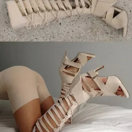 White Hollow Roman Belt Buckle Women's Boots 2025 New Sexy Model Catwalk Knee-High Thick Heels Fashion Party Casual Long Boots