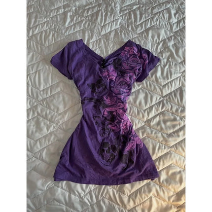 Japanese Subculture Vintage Purple Print T-Shirt Women Y2k American Retro Slim Tees Casual Harajuku Grunge Fashion Hottie Tops