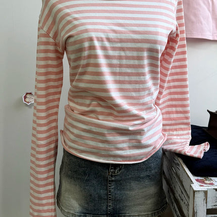 Sweet Pink Striped Long Sleeve T-shirt Women New Spring Cotton Raw Hem Slash Neck Slim Tee Tops Cute Preppy Style T shirt Y2K