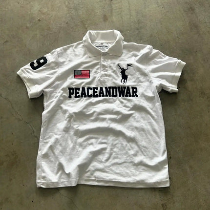 Peace Flag America Retro Polo Shirt Y2k Streetwaer Letter Embroidery Lapel Shirt Casual Short Sleeve Jersey Hip Hop Men Clothing