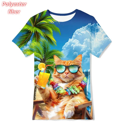 3D Print Fun Cute Cat T-Shirt For Men Pizza Burger Pattern Tees Summer Street Casual Short Sleeve Tops Loose Round Neck T Shirts