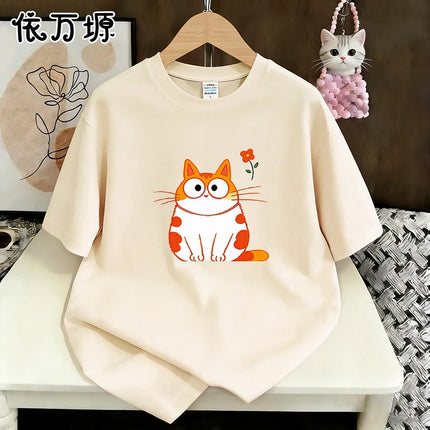 Aesthetic Round Face Chubby Ginger Tabby Cat Mini Flower Graphic Oversized Cotton T Shirt For Women Soft Lazy Daily Street Tee