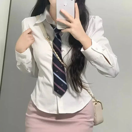 Preppy Style White Shirts Korean Slim Long Sleeve Office Shirt Spring Button Lapel Short Blouse