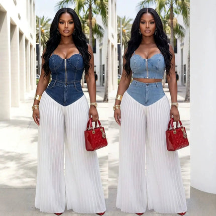 Streetwear Denim Wide Leg Pants Outfit Sexy Women Two Pieces Casual Tracksuit Set Elegant Patchwork Club Matching Set