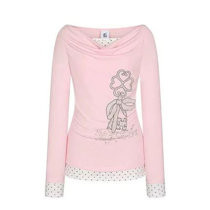 Kimotimo Korean Y2k Fake Two Spliced Polka Dot Print T-shirt Women 2026 Spring Summer Long Sleeve Slim Top Sweet Casual Tees INS