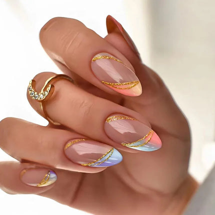 24pcs Almond False Nails Tips Summer Beach Colorful Nails Sets with Pearl Flower Design Press on Nails Art Wearable Fake Nail