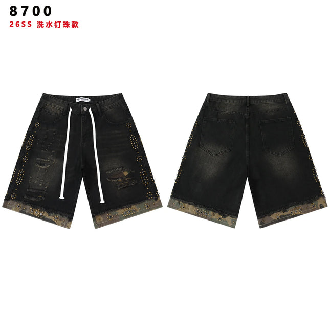 Pantalones cortos de mezclilla negros y azules con diamantes brillantes estilo streetwear para hombres y mujeres, shorts holgados vintage de mezclilla con pedrería, talla grande