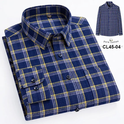 Mens 100% Cotton Casual Shirt Slim Fit Button Classic Striped Plaid Long Sleeve Shirts Single Pocket Comfortable Workwear Shirts