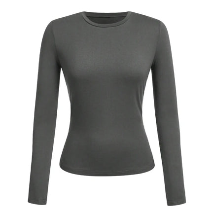 Solid-color long-sleeved T-shirt - Polyester knitted fabric, round neck, regular fit, fall-winter style
