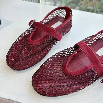 Hollow Mesh Rhinestone Ballet Shoes For Women, Flat Bottomed Mary Jane Single Shoes, Straight Strap Fishing Net Shoes