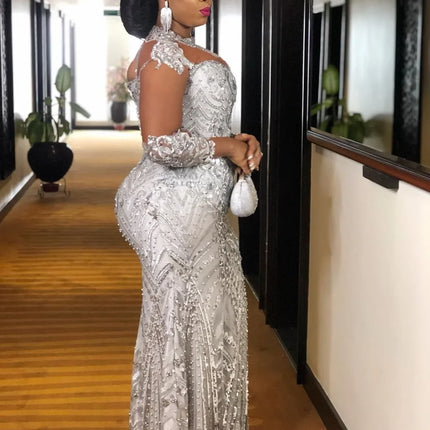 Customization Arabic Aso Ebi Silver Lace Beaded Evening Dresses Sheer Neck Prom Dresses Mermaid Formal Seond Reception Gowns