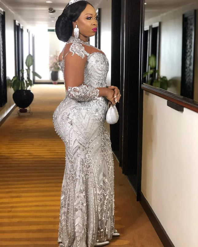 Individuelle arabische Aso Ebi Abendkleider mit silberner Spitze und Perlen, durchsichtiger Ausschnitt, Ballkleider, Meerjungfrauen-Form, Second-Reception-Kleider