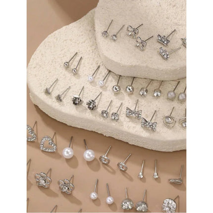 30 Pairs Elegant Metal Butterfly Flower Pearl Rhinestone Stud Earrings Set for Women