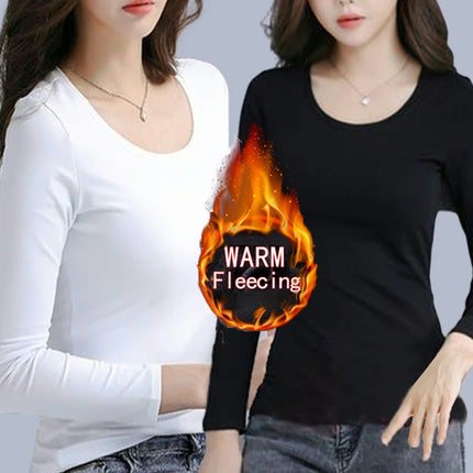 O Neck Long Sleeve Fleeceing Heating Fiber Thermal Basic T-Shirts Winter Bottoming Cropped Tops Casual Skinny