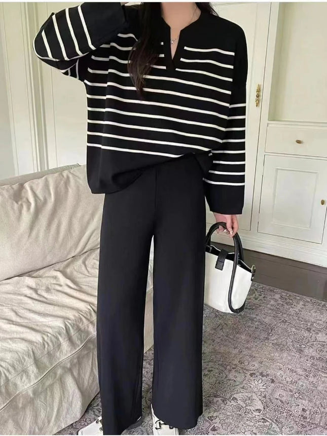 Damen Zweiteiler Set Gestreifte Strickoberteile V-Ausschnitt Langarm Locker Freizeit Pullover Weites Bein Hose Hohe Taille Elegant Herbst Winter