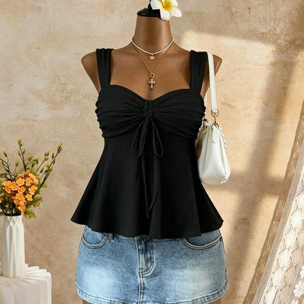 Women Sweetheart Neck Drawstring Ruched Peplum Cami Top Polka Dot Print Sleeveless Casual Camisole Outfit
