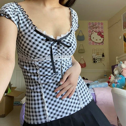 Women Square Neck Lace Trim T Shirt Elegant Short Sleeve Crop Top Vintage Slim Fit Harajuku Shirts Y2K Streetwear Cropped Tees