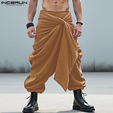 INCERUN Men Irregular Pants Solid Color Joggers Lace Up Casual Trousers Men Streetwear Loose Pleated Fashion Long Pants S-5XL