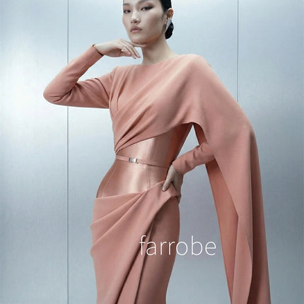 Customized Fashion Jersey Pleat Mermaid O-Neck Long Bespoke Occasion Evening Dresses Simple Chinese Style