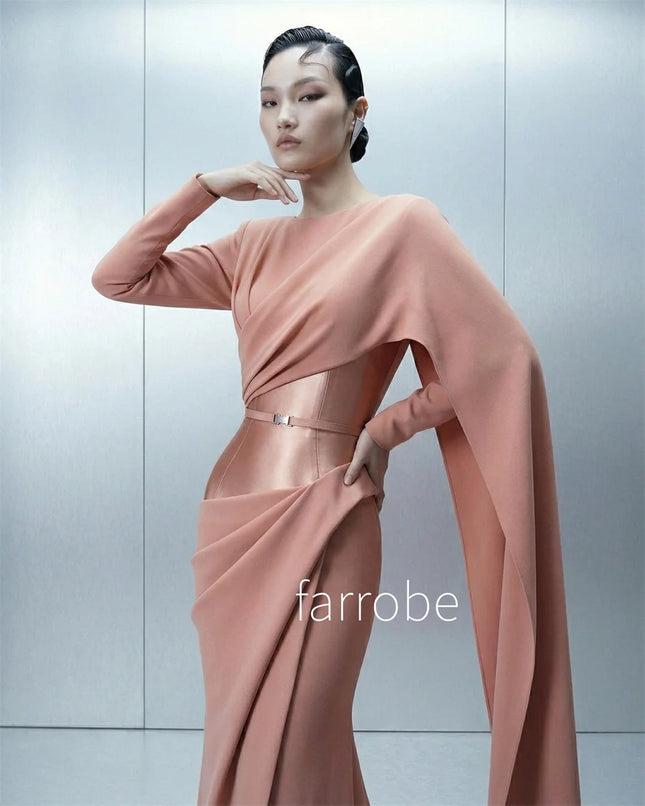 Kundenspezifisches Mode-Jersey-Falten-Meerjungfrauen-O-Neck Lange maßgeschneiderte Abendkleider im schlichten chinesischen Stil