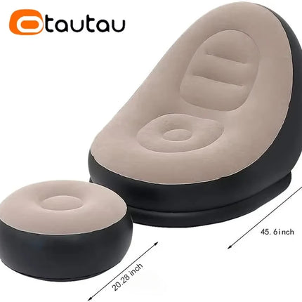 OTAUTAU Inflatable Lounger with Footstool Ottoman Chaise Lounge Recliner Outdoor Portable Camping Couch Garden Chair Pouf SF029