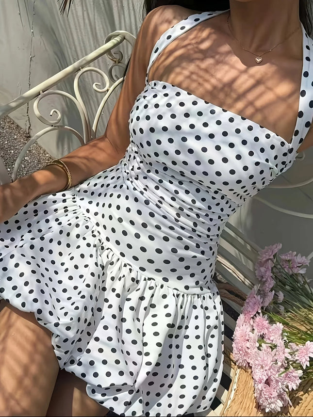 Sweet Spicy Polka Dot Halter Mini Dress | Open Back & Ruched Waist, Summer Beach Style
