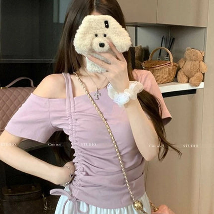 Sweet One Shoulder Drawstring Short Sleeve T Shirt Women Summer Off Shoulder Top Elegant Sexy Solid Color Cropped Basic Blouse