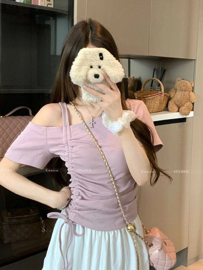 Süßes One-Shoulder-T-Shirt mit Kordelzug und kurzen Ärmeln für Damen, Sommer-Off-Shoulder-Top, elegantes, sexy, einfarbiges, bauchfreies Basic-Blusenshirt