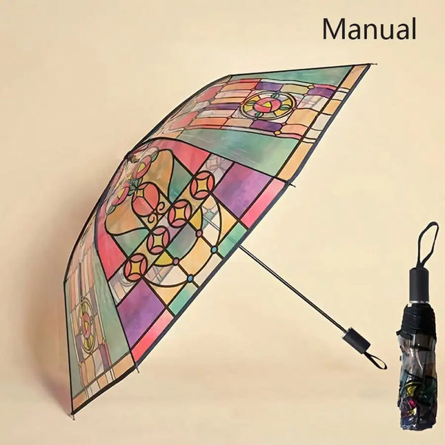 Colorful Stained Glass-Inspired Transparent Umbrella – Vintage Retro Window Flower & Romantic Poetry Design, Automatic & Manual Open/Close, Foldable & Compact For Travel, Waterproof & Windproof, 8-Rib Durability (Fiberglass