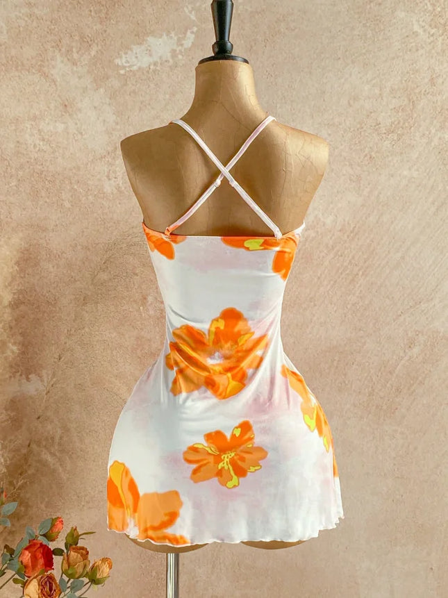 Women Halter Cowl Neck Floral Print Side Ruched Ruffle Hem Mini Dress 2026 Summer Tropical Beach Y2K - product image 2