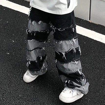 American New High Street Antique Tassel Jeans for Men, Dropped Wide Leg Hip Hop Lazy Long Pants