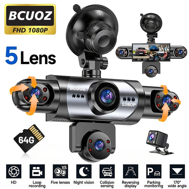 BCUOZ 5-Lens 360° Dashcam with Super Night Vision - 1080P Front 720P Rear Left Right Car Cameras Loop Recording G-Sensor WDR 12-24V Plug Power Supply Optional 64GB Memory Card