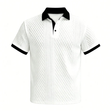 2026 Summer Men's Jacquard Knit Polo Shirt Contrast Collar Short Sleeve Loose Fit Soft Breathable Casual Sport Daily Wear Tops
