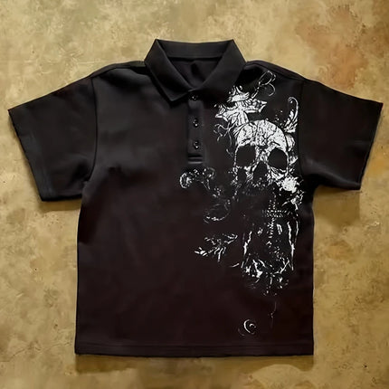 Vintage Skull Pattern Y2K Polo Shirt | Retro American Street Style, Short Sleeve, Loose Fit, Regular Length Placket All-Season