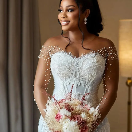 Customized 2026 Women's Mermaid Wedding Dress Bridal Dress Naked Neck Phantom Long Sleeve Beaded Lace Wedding Dress Back Button