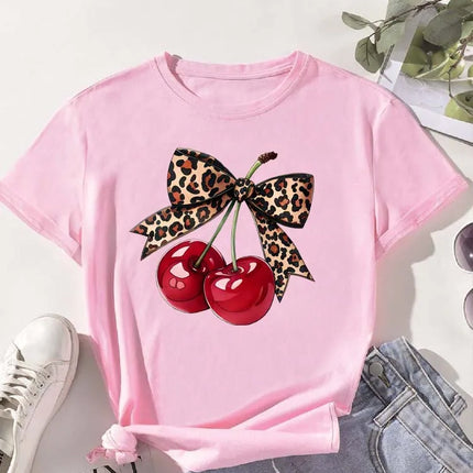 Fashion Cherry Print Women T-Shirt Short Sleeve Crew Neck Casual Tops for Summer Spring Women's Clothing Tops Tees