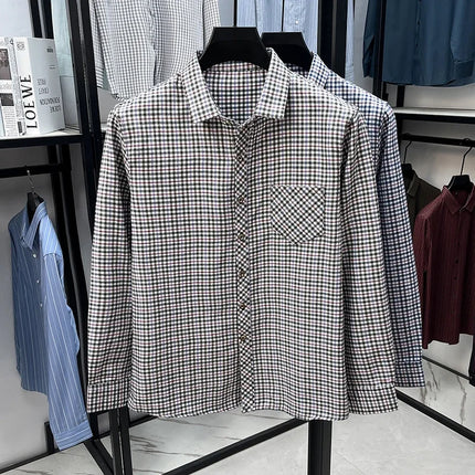 Men's Lapel Collar Plaid Shirt Long Sleeve Button Front Breathable Comfortable Fabric Casual Business Daily Wear Single Pocket