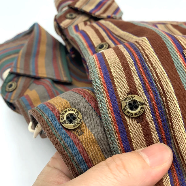 Camisas tipo blusa casuales holgadas lavadas de algodón 100% literarias para hombre, de manga larga con solapa y rayas étnicas, estilo retro japonés, novedad de otoño de 2025