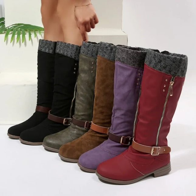 Vintage Women Boots Round Toe Casual Knee High Boots Autumn Winter Fashion Warm Ladies Shoes Solid High Quality