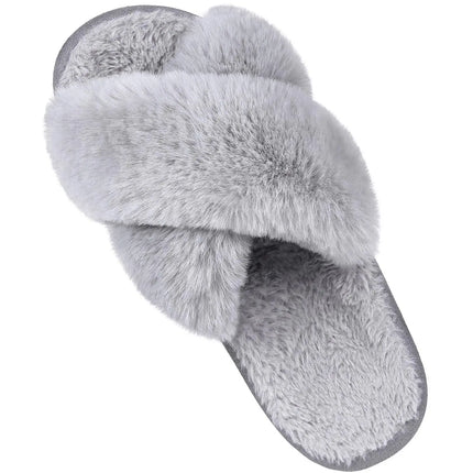 Comwarm Women's Cross Band Fuzzy Slippers Fluffy Open Toe House Slippers Cozy Plush Bedroom Shoes Indoor Outdoor Fur Sandals