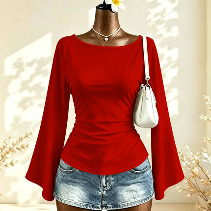 Boat Neck Flare Long Sleeve Side Ruched Fitted Casual Blouse Slim Fit Basic Top