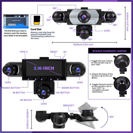 BCUOZ 5-Lens 360° Dashcam with Super Night Vision - 1080P Front 720P Rear Left Right Car Cameras Loop Recording G-Sensor WDR 12-24V Plug Power Supply Optional 64GB Memory Card