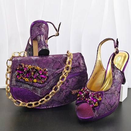INS Purple Rhinestone-Embellished and Colorful Striped Design Party Wedding Peep Toe Bigger Size Ladies High Heels and Bag Set