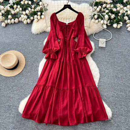 OCEANLOVE Woman Dresses Lantern Sleeve Square Neck Bandage Vestidos Para Mujer Solid Korean Fashion Retro Sweet Long Dress