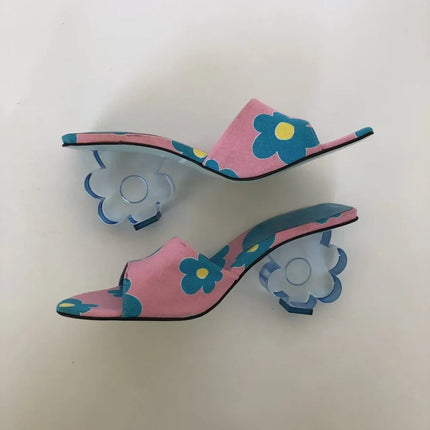 Retro Style Pink Floral Print Mule Sandals Playful Daisy Pattern Clear Acrylic Flower Heel Round Toe Design Summer Casual Daily
