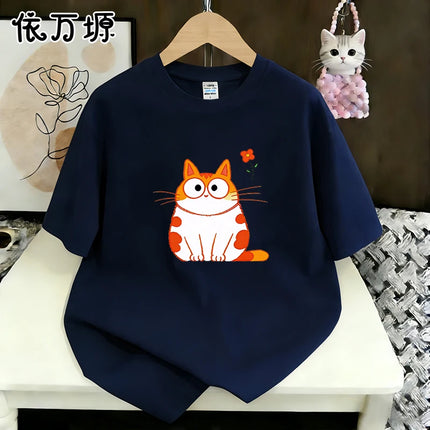 Aesthetic Round Face Chubby Ginger Tabby Cat Mini Flower Graphic Oversized Cotton T Shirt For Women Soft Lazy Daily Street Tee
