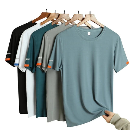 Summer Men's Silk Ice Round Collar T-shirt, Simple Running Fitness Suit, Breathable Thin T-shirt, Quick Dry T-shirt, Summer Tees