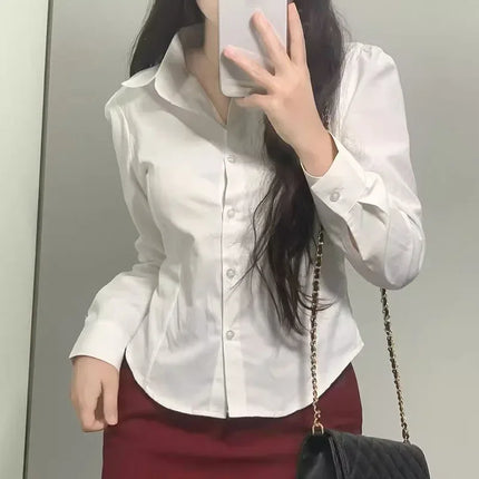 Preppy Style White Shirts Korean Slim Long Sleeve Office Shirt Spring Button Lapel Short Blouse