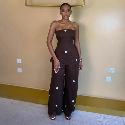 HLJ Women Polka Dot 2 Piece Outfits Elegant Bandeau Tube Top + High Waist Wide Leg Pants Set Summer Casual Streetwear Holidays